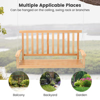 2-Seat Patio Swing Bench, Wood Hanging Porch Swing Chair W/ 2 Sturdy Hanging Ropes