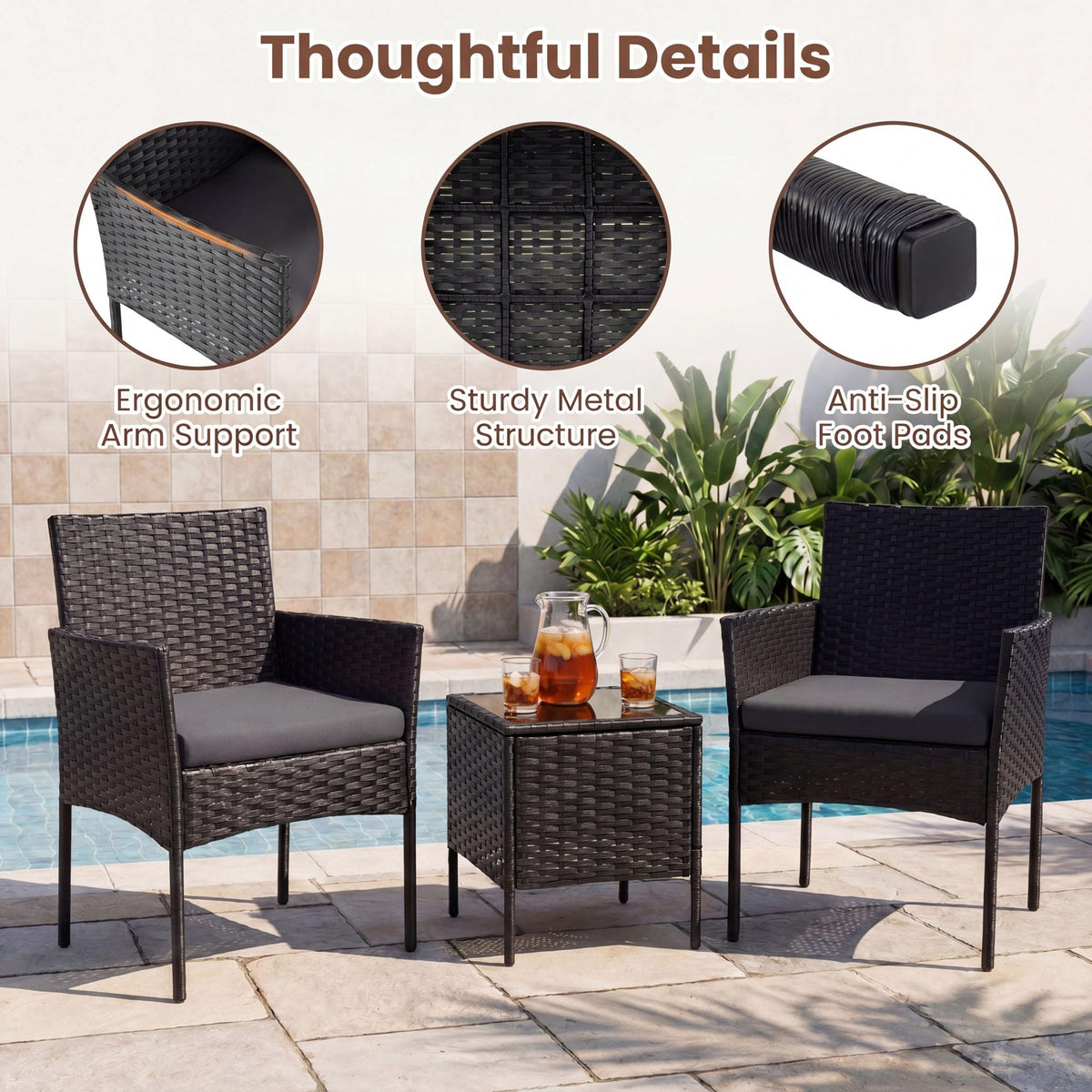 PE Rattan 3-Piece Patio Bistro Set with Tempered Glass Table