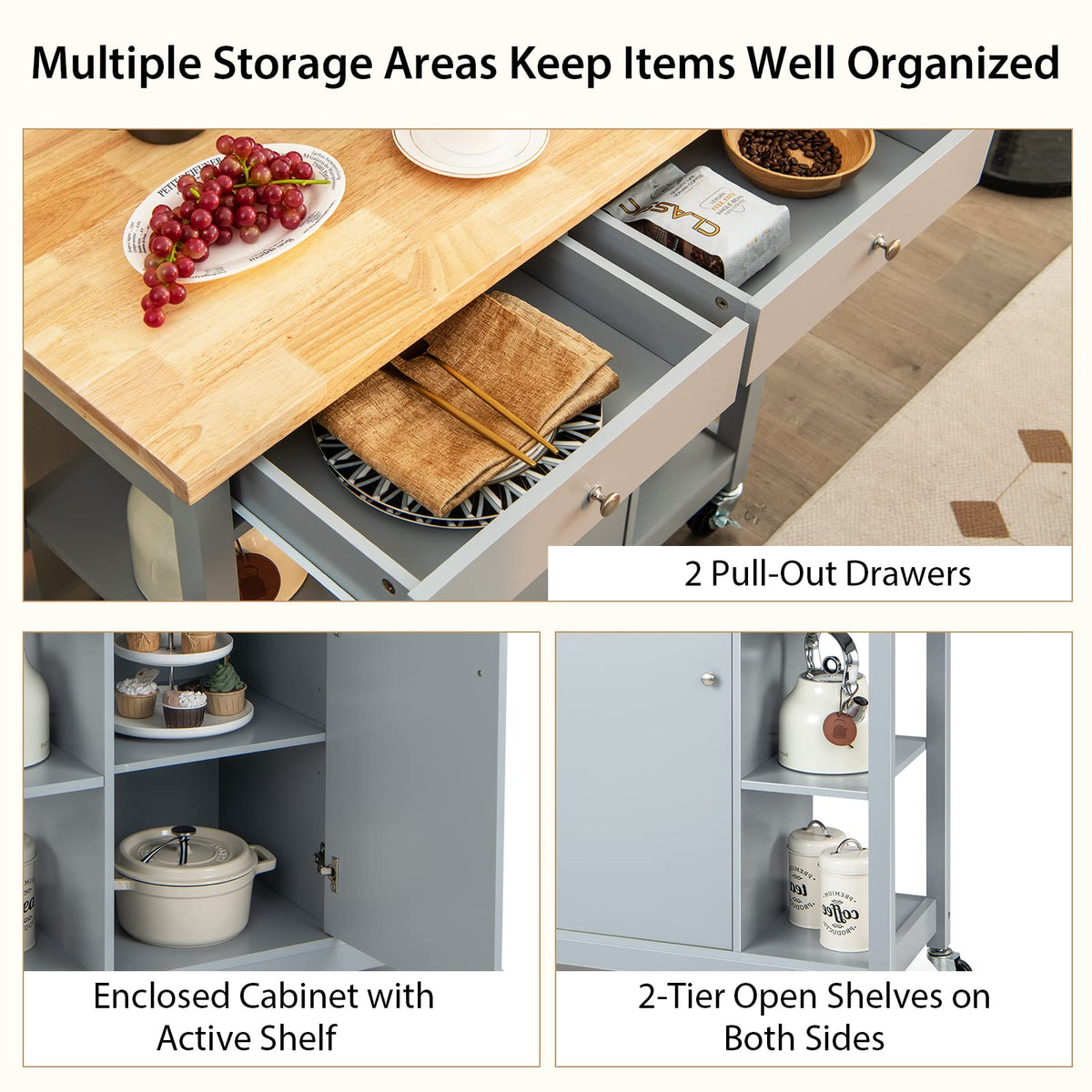 Giantex Kitchen Island on Wheels, Rolling Cart with Open Shelves, Storage Drawers & Cabinet