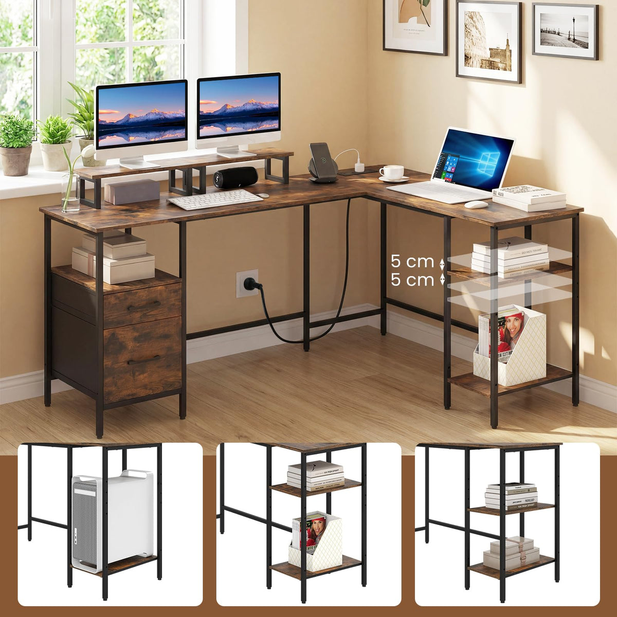 Giantex L-Shaped Desk with Power Outlets, Reversible Corner Desk