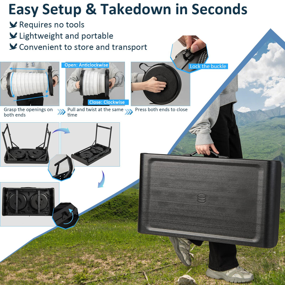 3-Piece LED Folding Table Stool Set with Retractable Design for Picnic/Camping