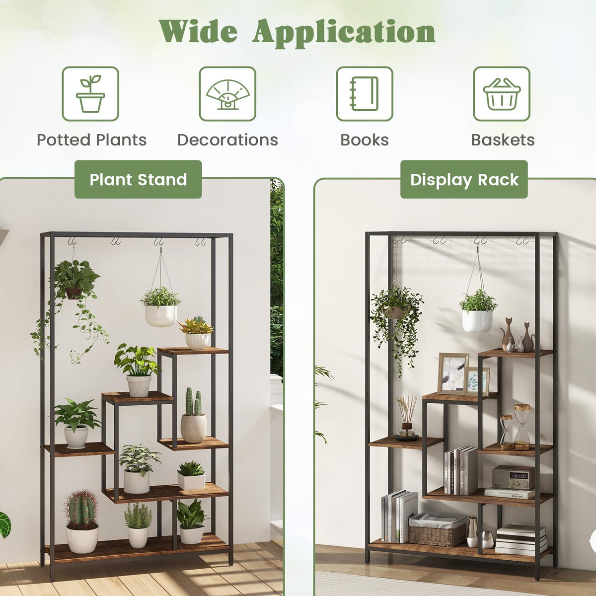 6-tier Tall Plant Stand, 180 CM Metal Indoor Plant Shelf w/ 10 Hanging Hooks & Wire Shelf for Multiple Plants