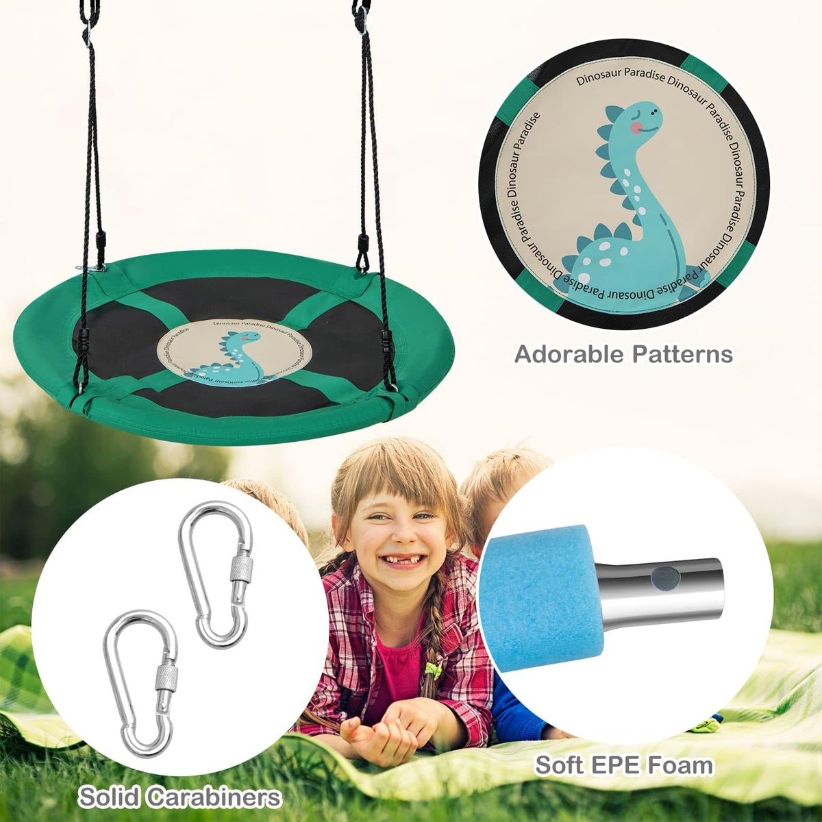 100cm Saucer Tree Swing with Adjustable Ropes and Carabiners for Kids
