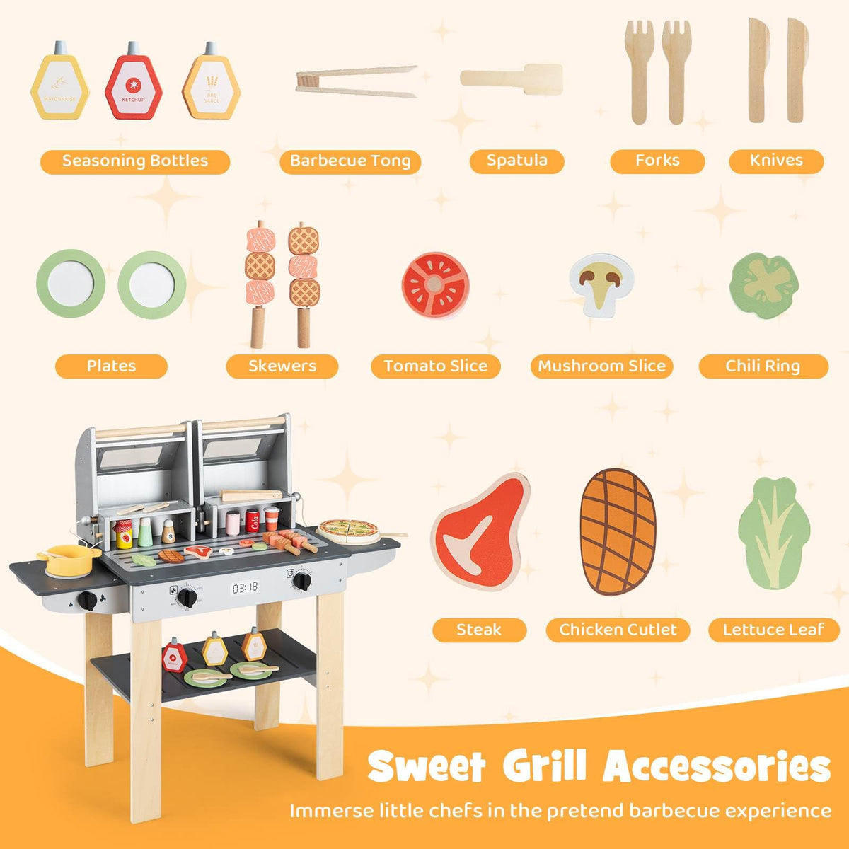 Wooden Kids Barbecue Grill Playset Kids Toy Grill with Abundant Grilling Tools and Play Foods