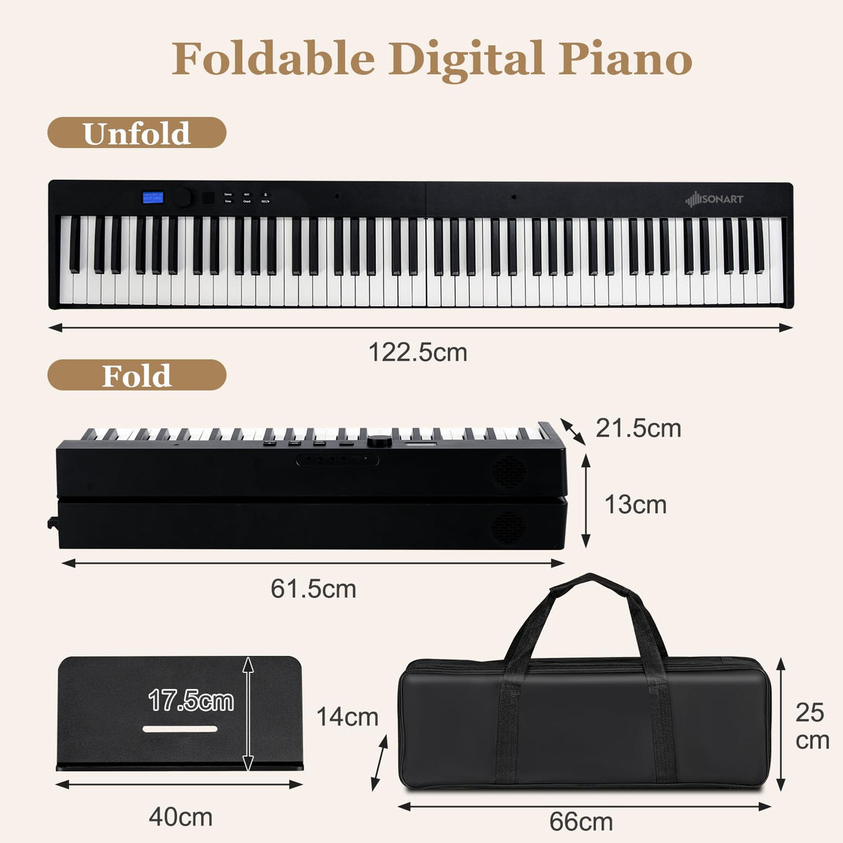 88-Key Foldable Digital Piano with MIDI & Wireless BT & Bag