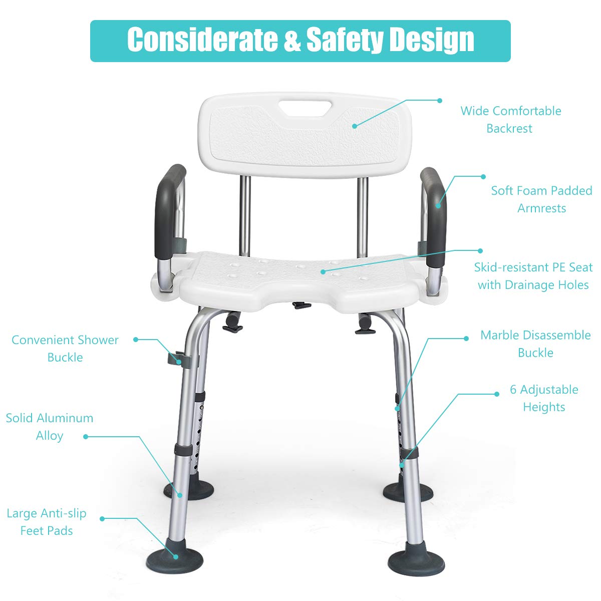 Non-Slip Shower Chair with Shower Buckle and U-Shaped Cutout