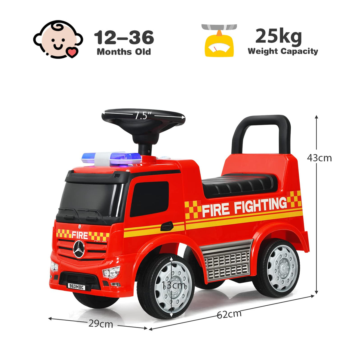 Kids Ride On Car, Benz Licensed Fire Engine w/Storage Space, Steering Wheel, Backrest