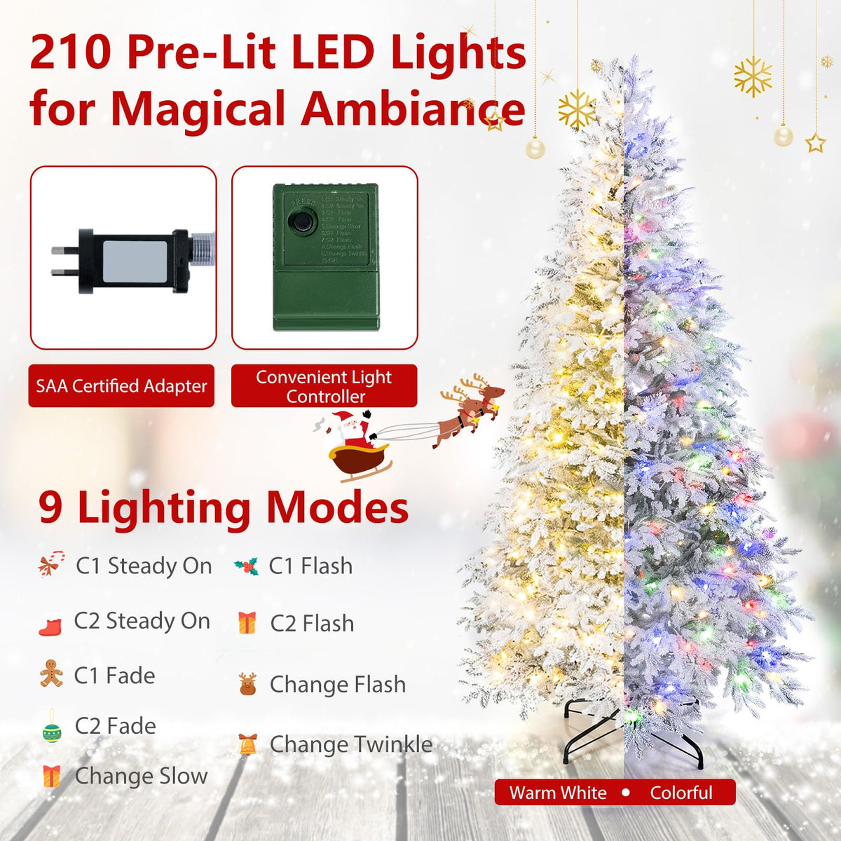 180cm Pre-Lit Artificial Christmas Tree with Snow Flocked Branch Tips