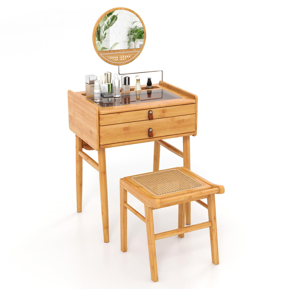 Giantex Bamboo Vanity Set, Makeup Desk with Stool