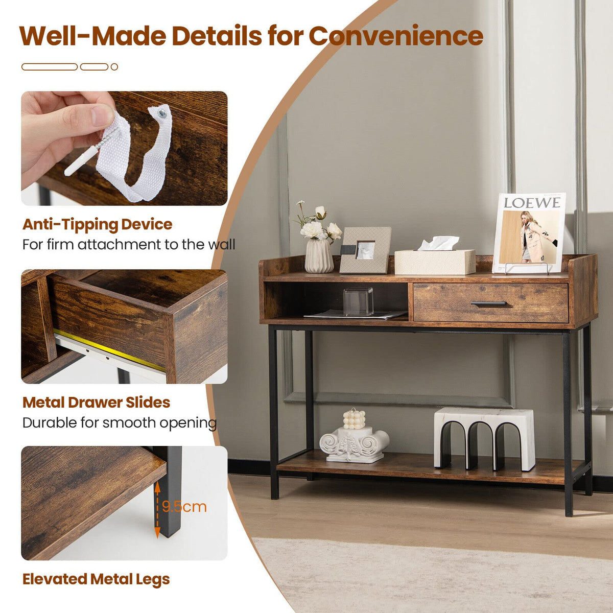 Giantex Long Console Table for Small Space, Couch Side Table with Drawer & Anti-Tipping Kit, Rustic Brown