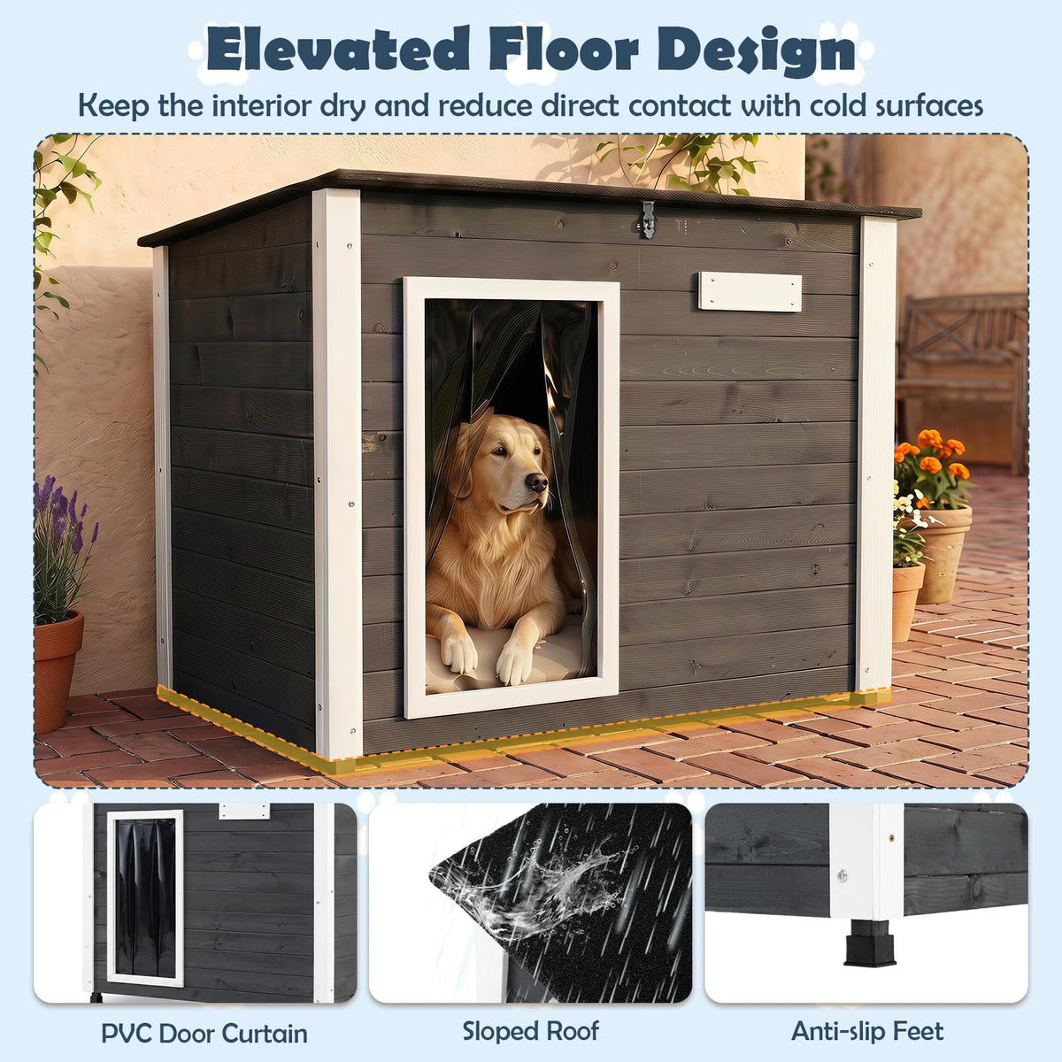 Wooden Dog House Outdoor Weatherproof with PVC Curtain 2 Size