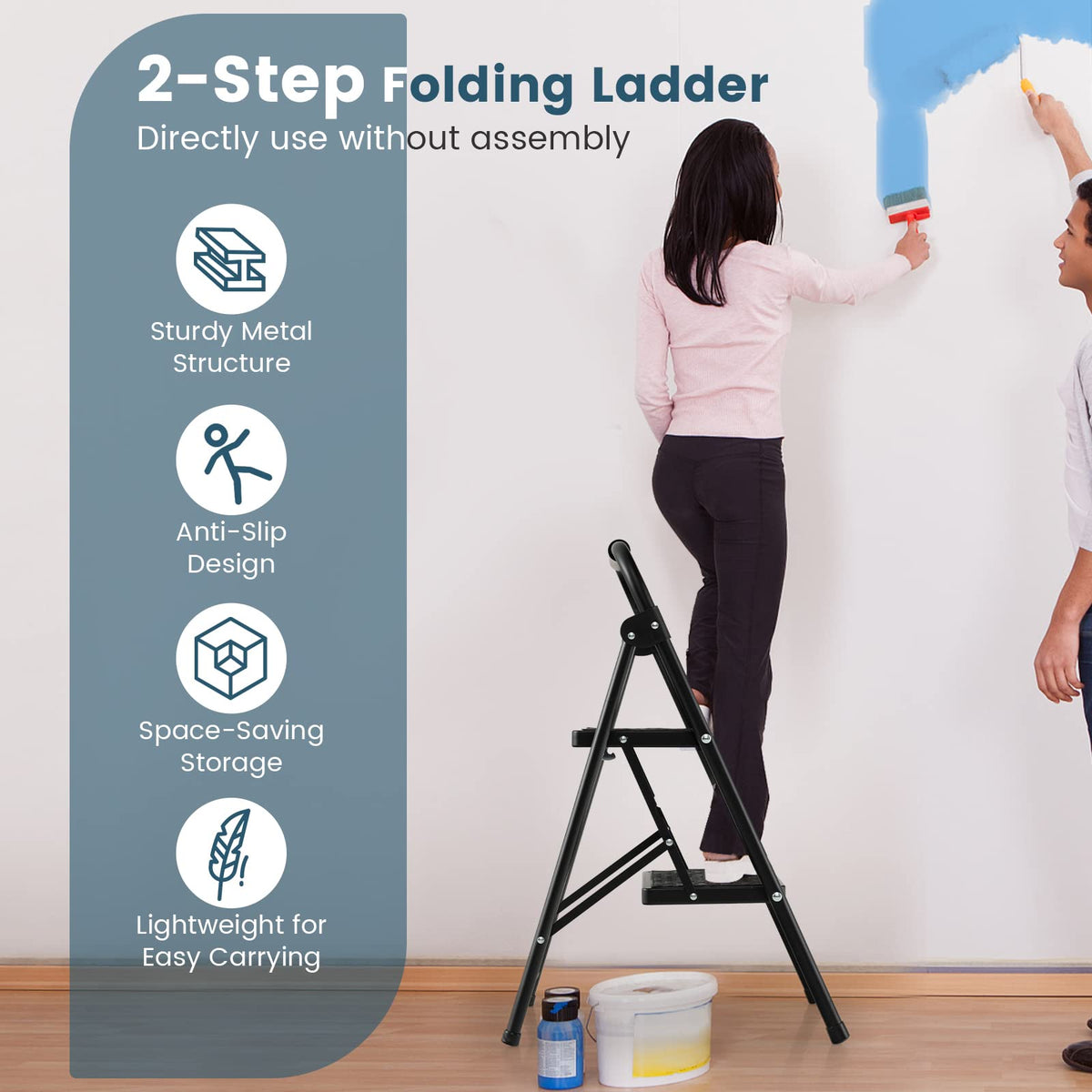 2 Step Ladder, Folding Step Stool w/ Padded Handgrip & Wide Anti-Slip Pedal