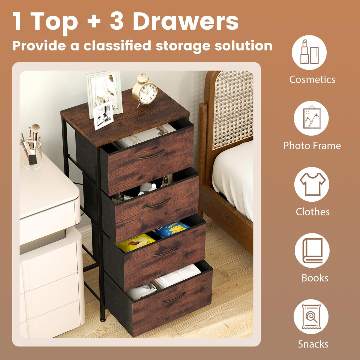 4 Drawers Dresser with Wooden Top and Heavy Duty Metal Frame