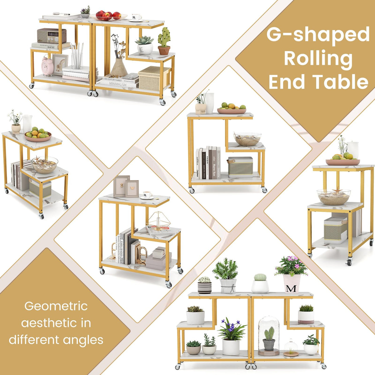 G-Shaped Side Table, 3-Tier Mobile End Table with Open Shelves