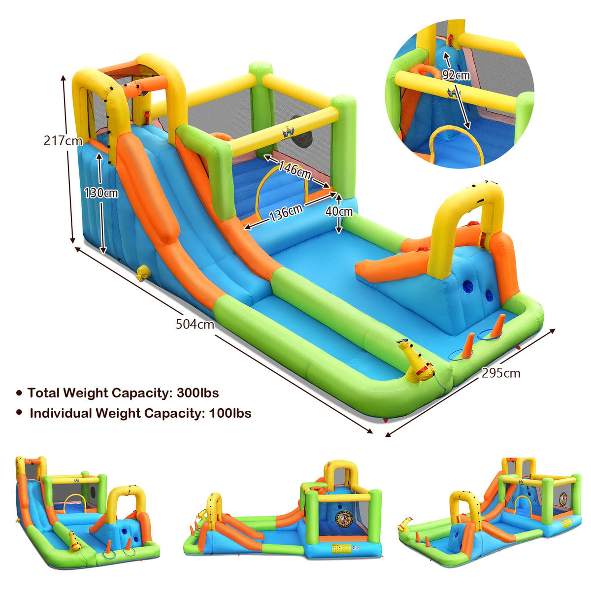 Inflatable Water Slide, Inflatable Bounce House w/Double Slides, Basketball Hoop