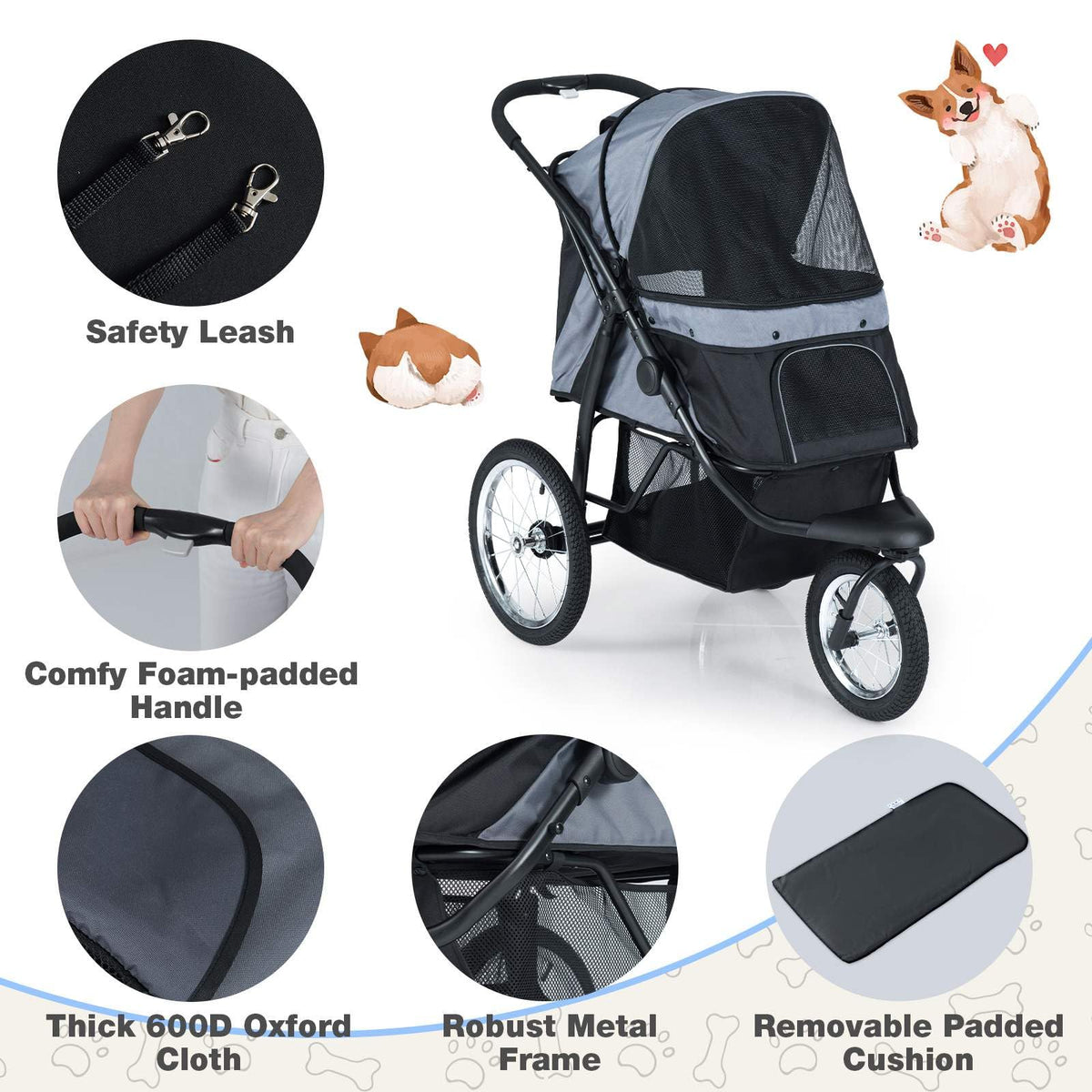 3-Wheel Pet Stroller for Small and Medium Dogs Foldable Cat Stroller Jogger