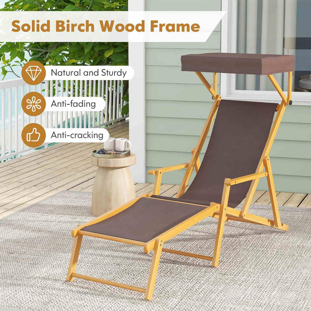 Birch Wood Chaise Lounge Chair with Adjustable Canopy and Reclining Backrest