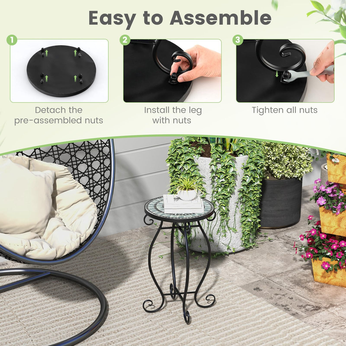 Mosaic Outdoor Side Table with Weather Resistant Ceramic Tile Tabletop