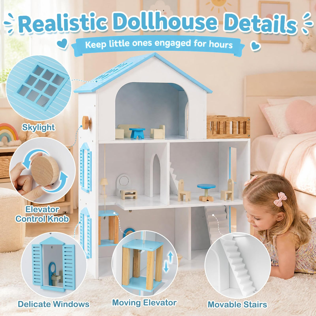 3-Story Wooden Dollhouse Playset for Kids