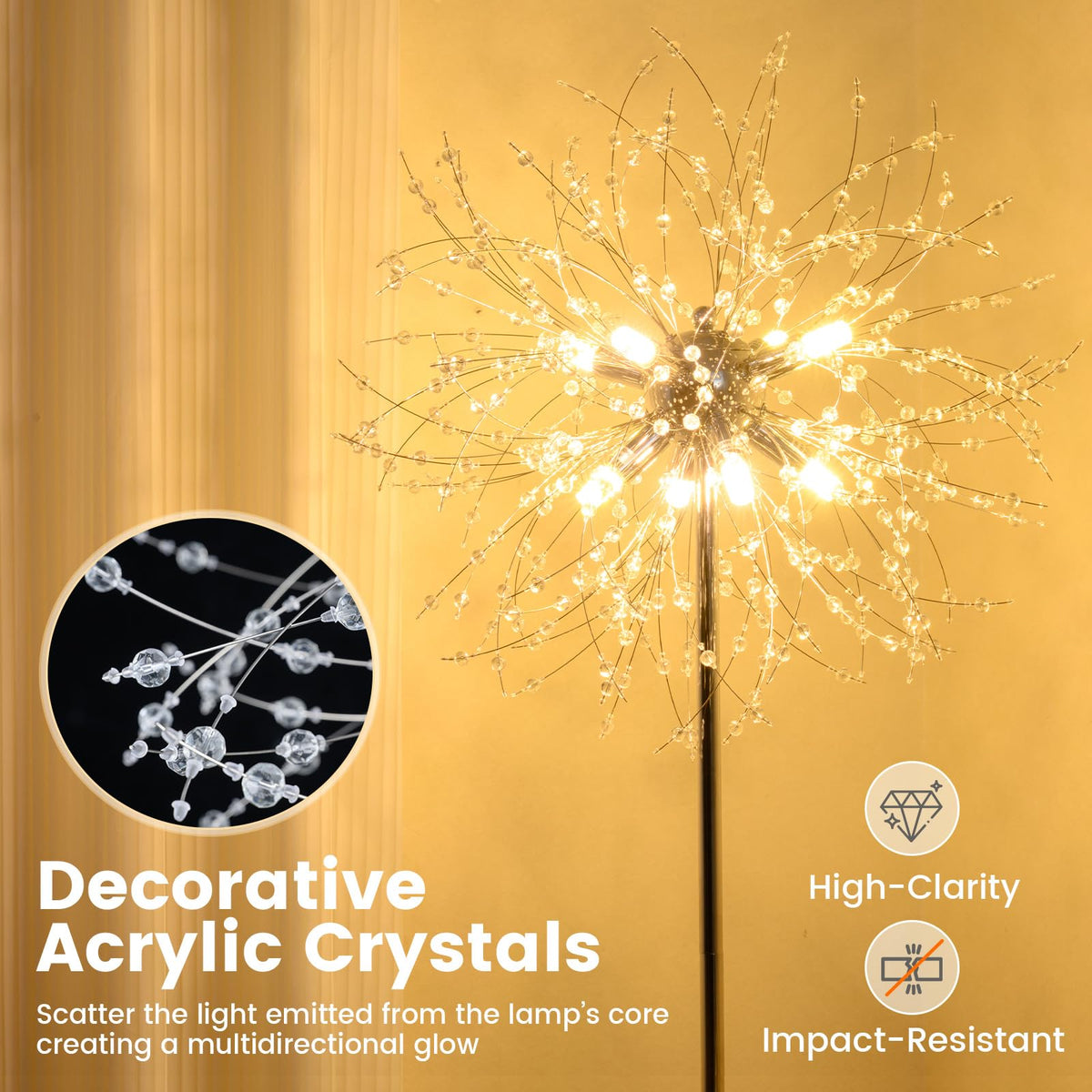 160cm Crystal Floor Lamp, Modern Freestanding Dandelion Light with Acrylic Crystals
