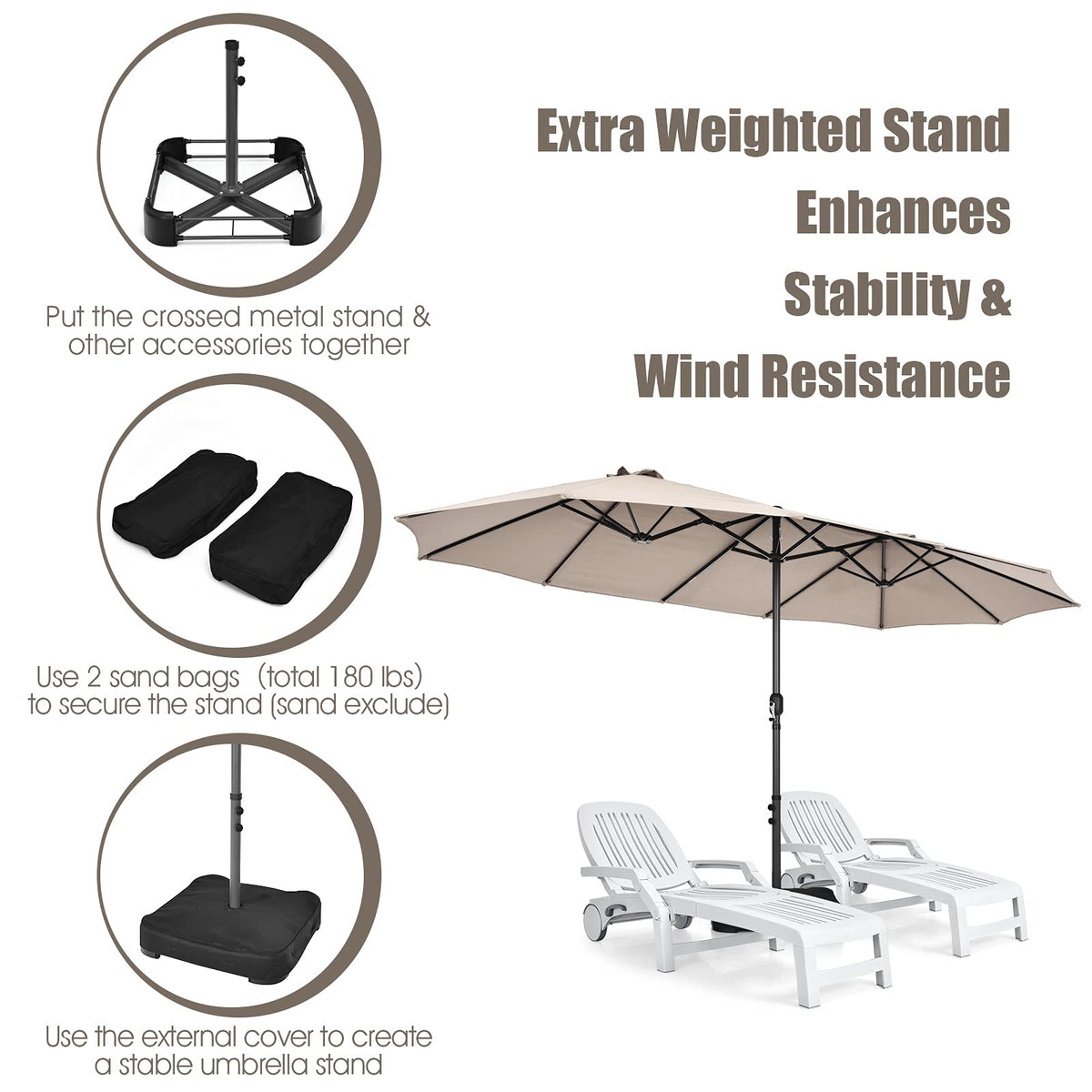 15FT Double-Sided Patio Umbrella, Ultra-Large Twin Garden Umbrella w/ 12-Rib Structure & Hand-Crank System