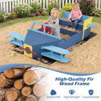 Glider-Shape Kids Sandpit, Large Wooden Outdoor Sand Box w/Bench Seat, Propeller, Rotatable Rudder and Side Wings