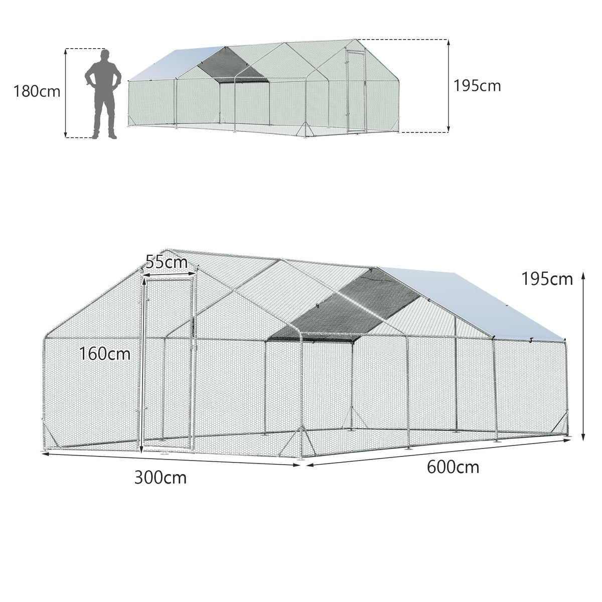 Walk-in Pen Run for Chicken, Rabbits, Ducks, Poultry Cage, Rabbit Hutch Ferret Cage (600 cm x 300 cm x 195 cm)