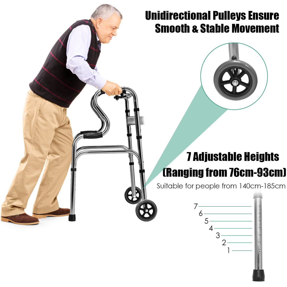 200KG Weight Capacity Aluminum Alloy Adult Walker w/ Unidirectional Wheels & Bi-Level Armrests