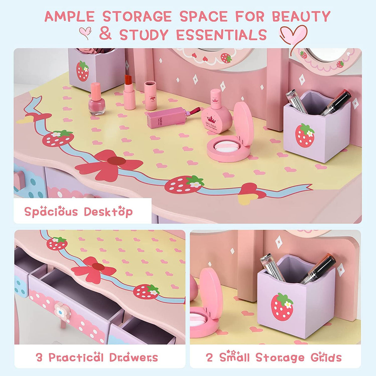 Kids Princess Vanity Table & Chair Set with 360° Rotating Mirror