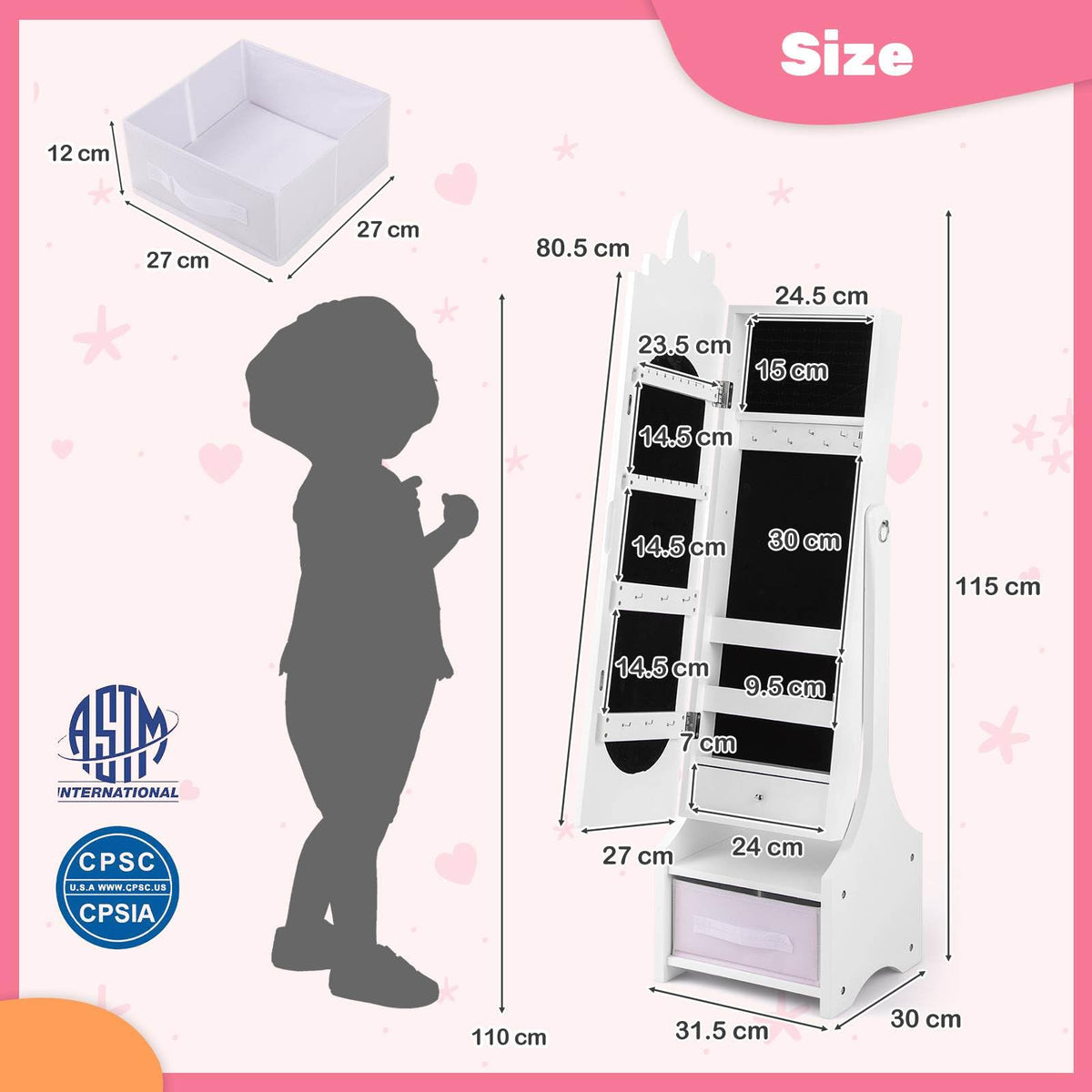 Kids Jewelry Cabinet with Full-Length Mirror and Foldable Drawer