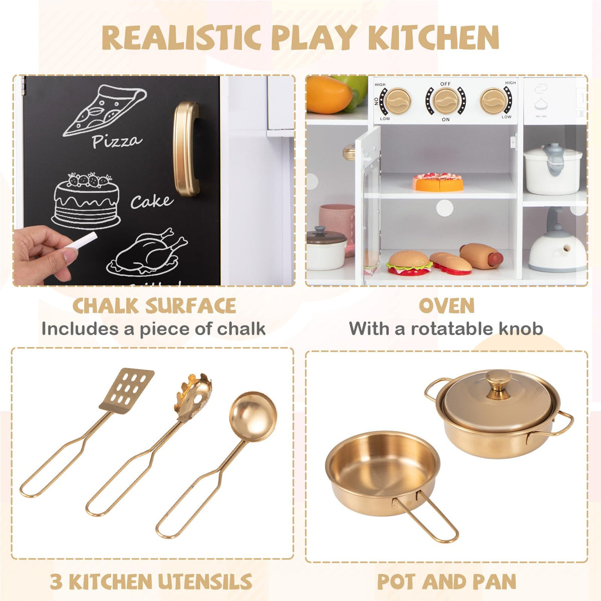 Pretend Play Kitchen for Kids with Sink and Faucet