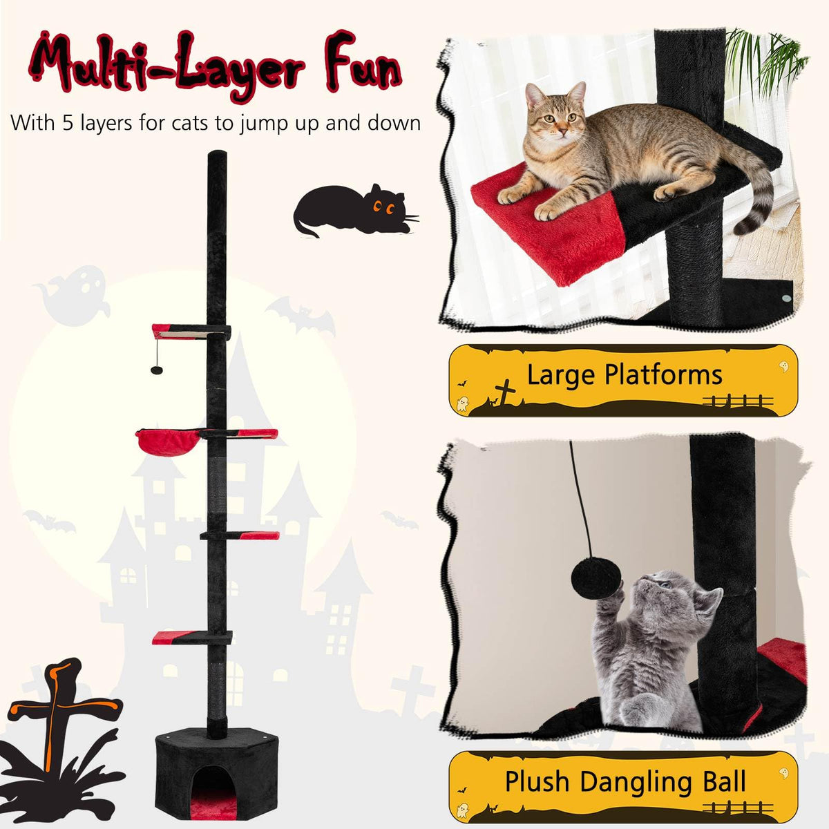 Floor to Ceiling Gothic Cat Tree 245-300 CM Adjustable, 5-Tier Tall Multi-Level Cat Tower
