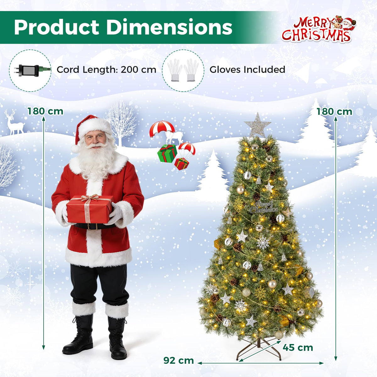 150/180cm Artificial Christmas Tree, Hinged, Pre-Lit