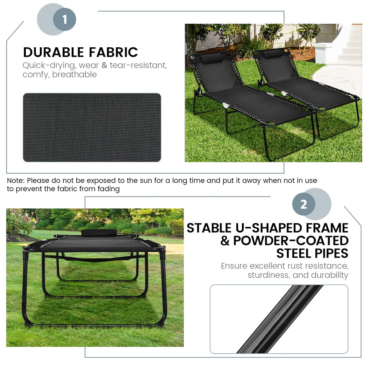 Patio Folding Chaise Lounge with 4-Level Backrest & Detachable Headrest Outdoor（70cm）