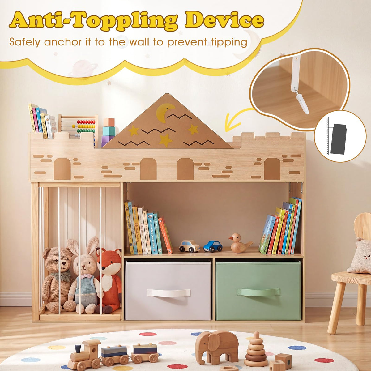 Kids Bookshelf with Stuffed Animal Storage and Fabric Drawers