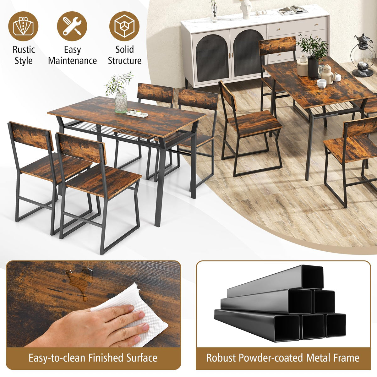 Giantex 5 Piece Dining Table Set Industrial Rectangular Kitchen Table with 4 Chairs