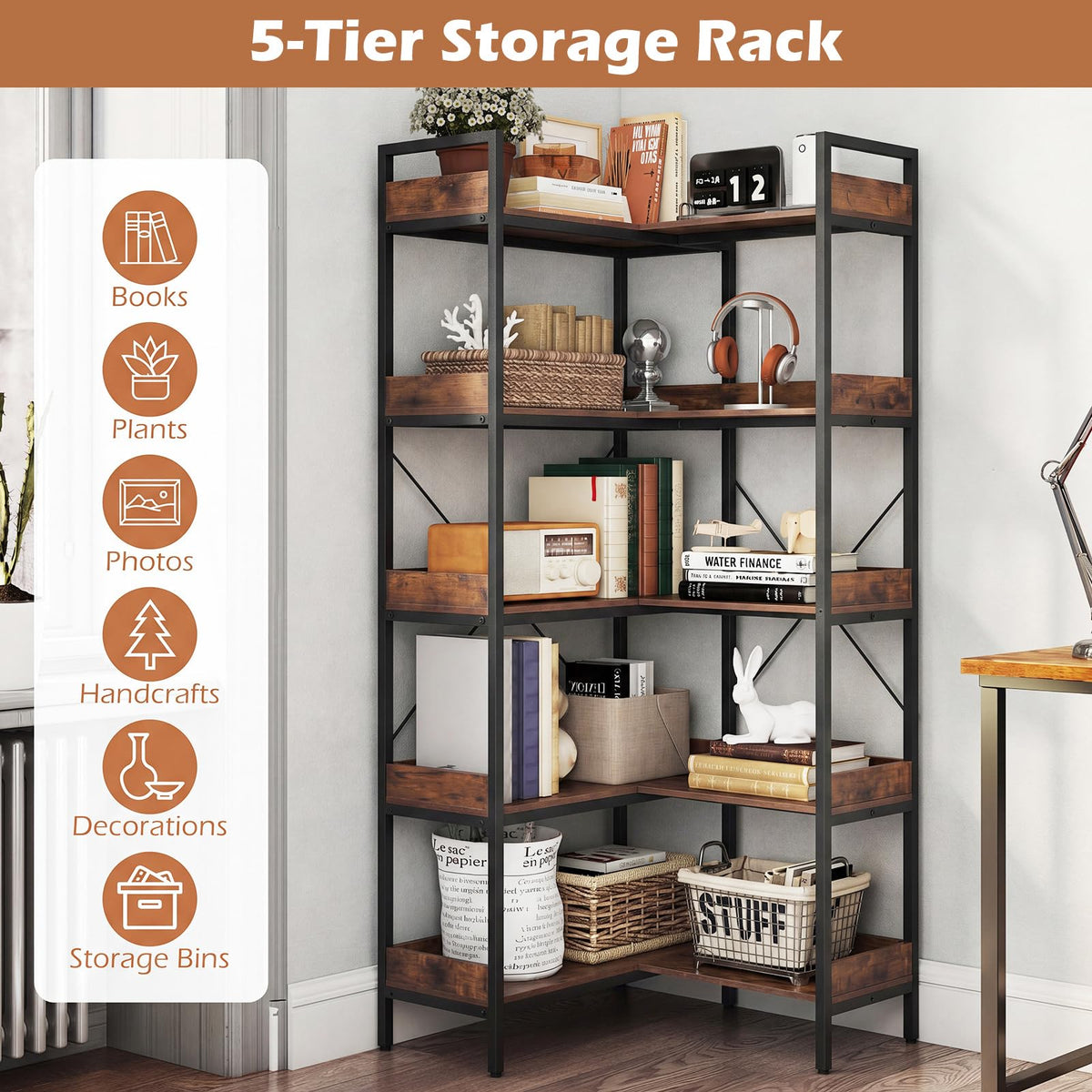 Giantex 5-Tier Corner Bookshelf Convertible L-Shaped with Metal Frame