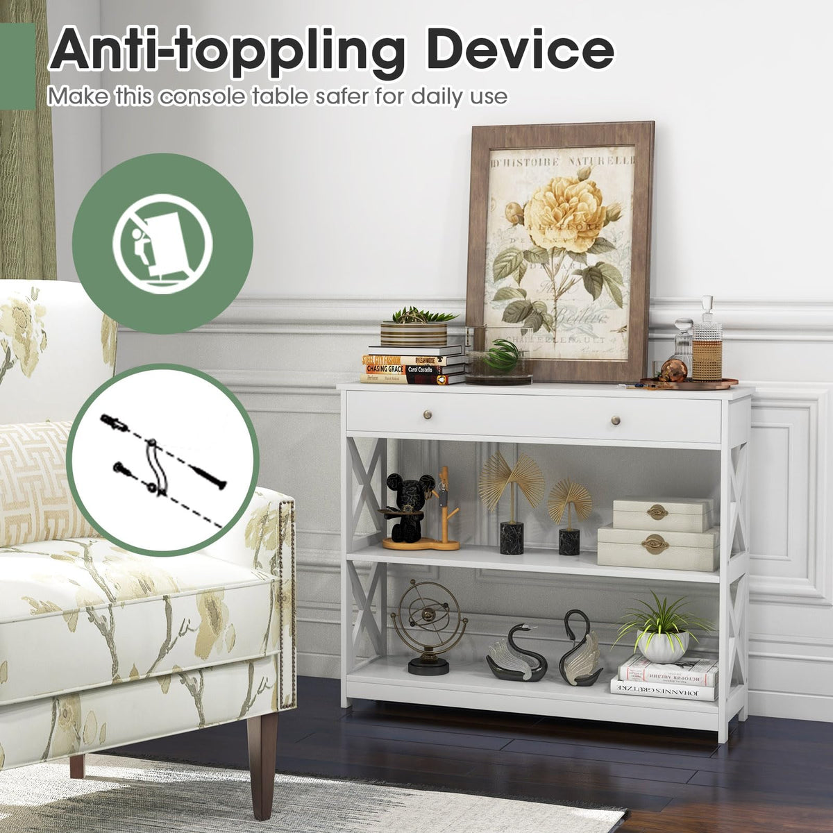 Console Table with Drawer and 2 Shelves for Living Room Entryway