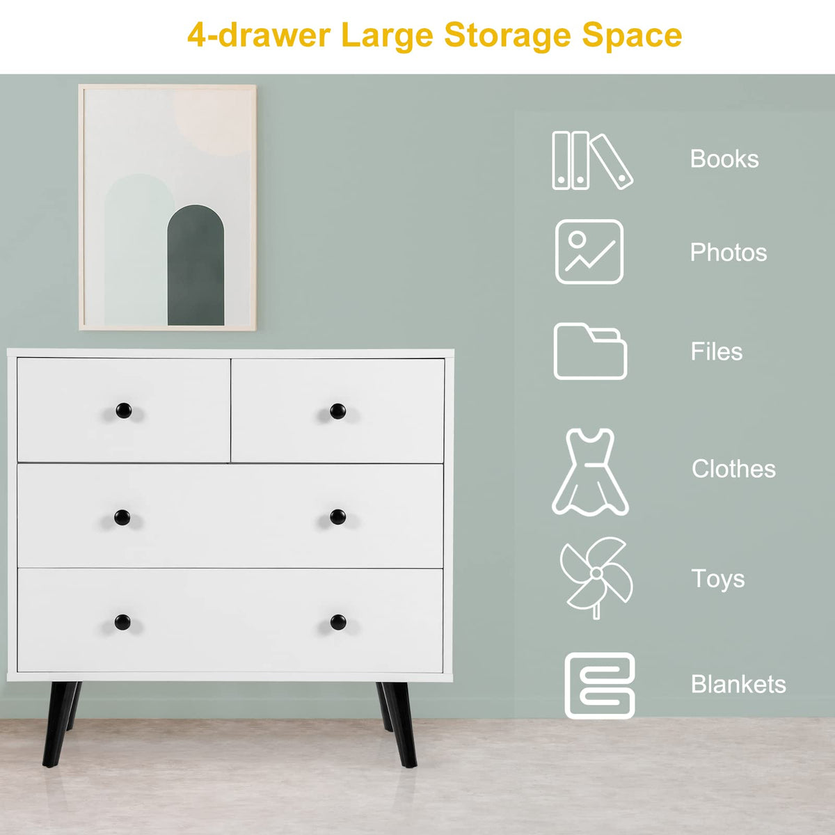 Modern Dresser Cabinet with 4 Large Drawers & Metal Handles White