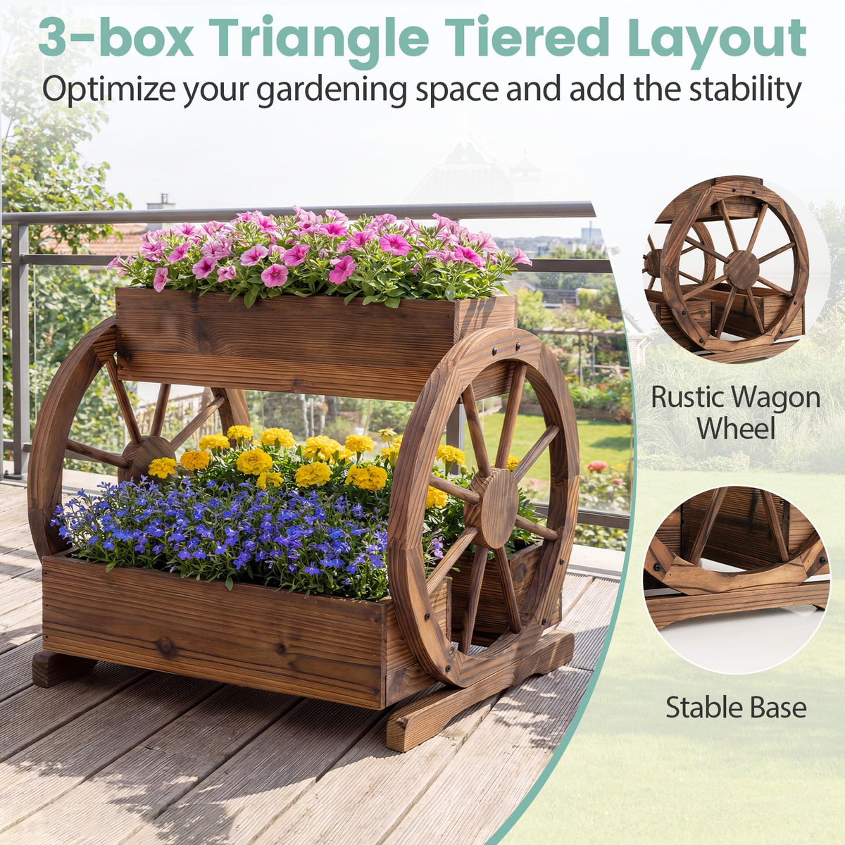 Wood Wagon Planter 2-Tier with 3 Growing Boxes and Wheels