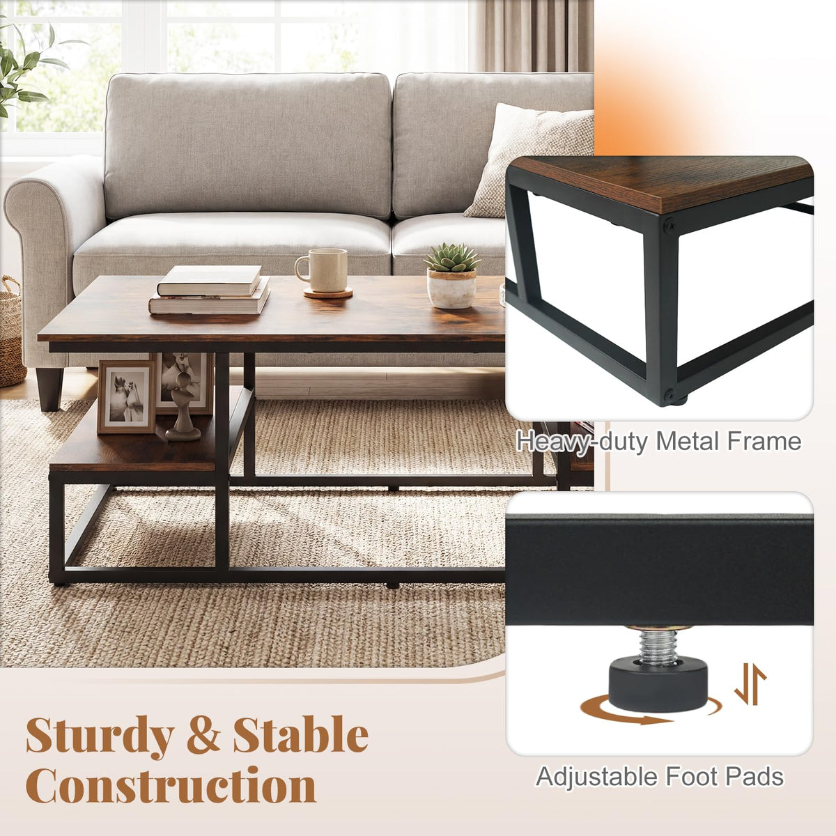Rectangle Center Table with Open Shelves and Metal Frame for Living Room