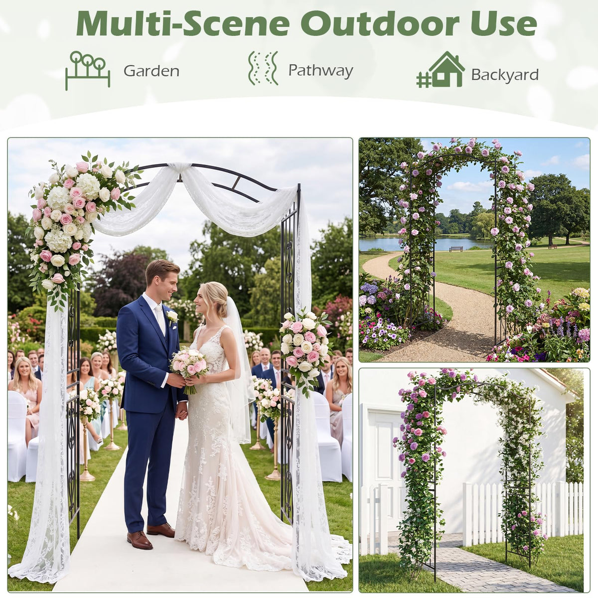 230cm Heavy-Duty Metal Arch Trellis with Curved Roof for Climbing Plants Roses Vines