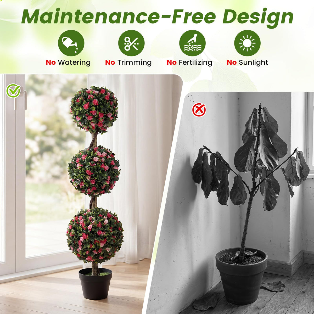 Artificial Triple Ball Rose Topiary Tree, 43.5" Faux Potted Floral Plant