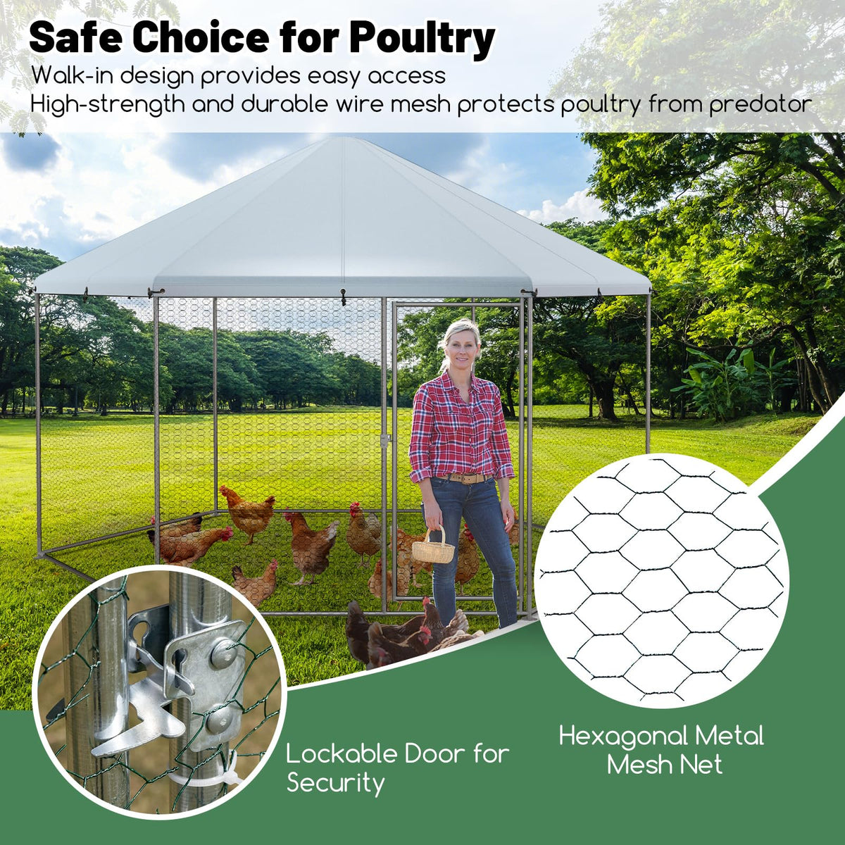 Metal Chicken Coop, Chicken Run House Spire-Shaped Cage w/Wire Mesh & Lockable Door for Duck