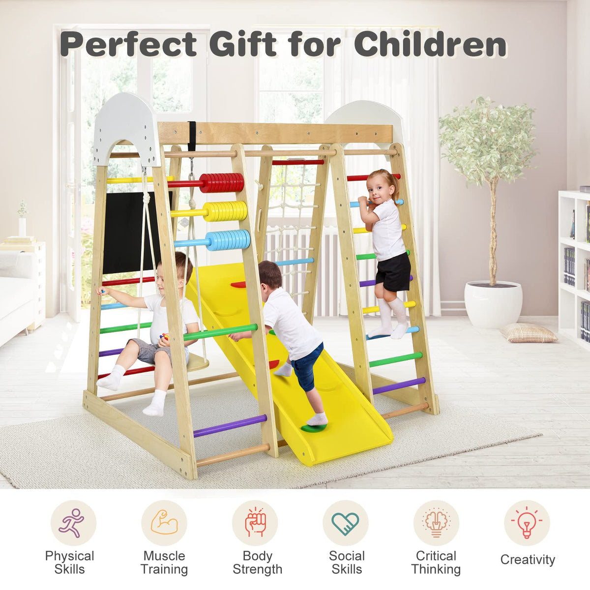 8-in-1 Wooden Climbing Playset with Slide and Drawing Board