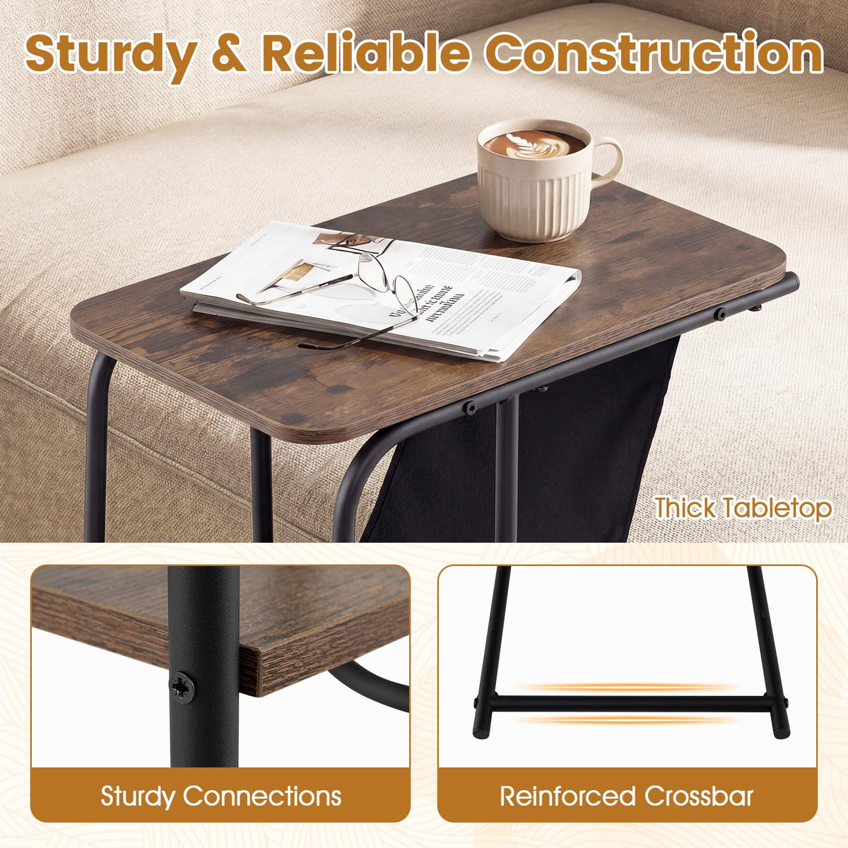 Giantex C-Shaped End Table with Canvas Book Holder & Bottom Storage Shelf