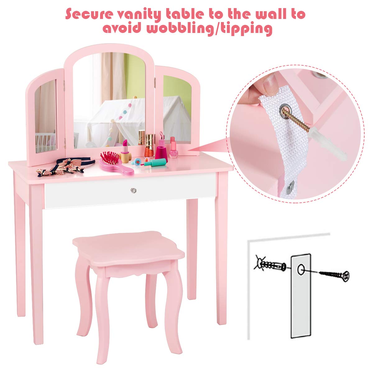 Kids Vanity Table and Chair Set, Princess Makeup Dressing Table with Drawer & Tri-Folding Mirror