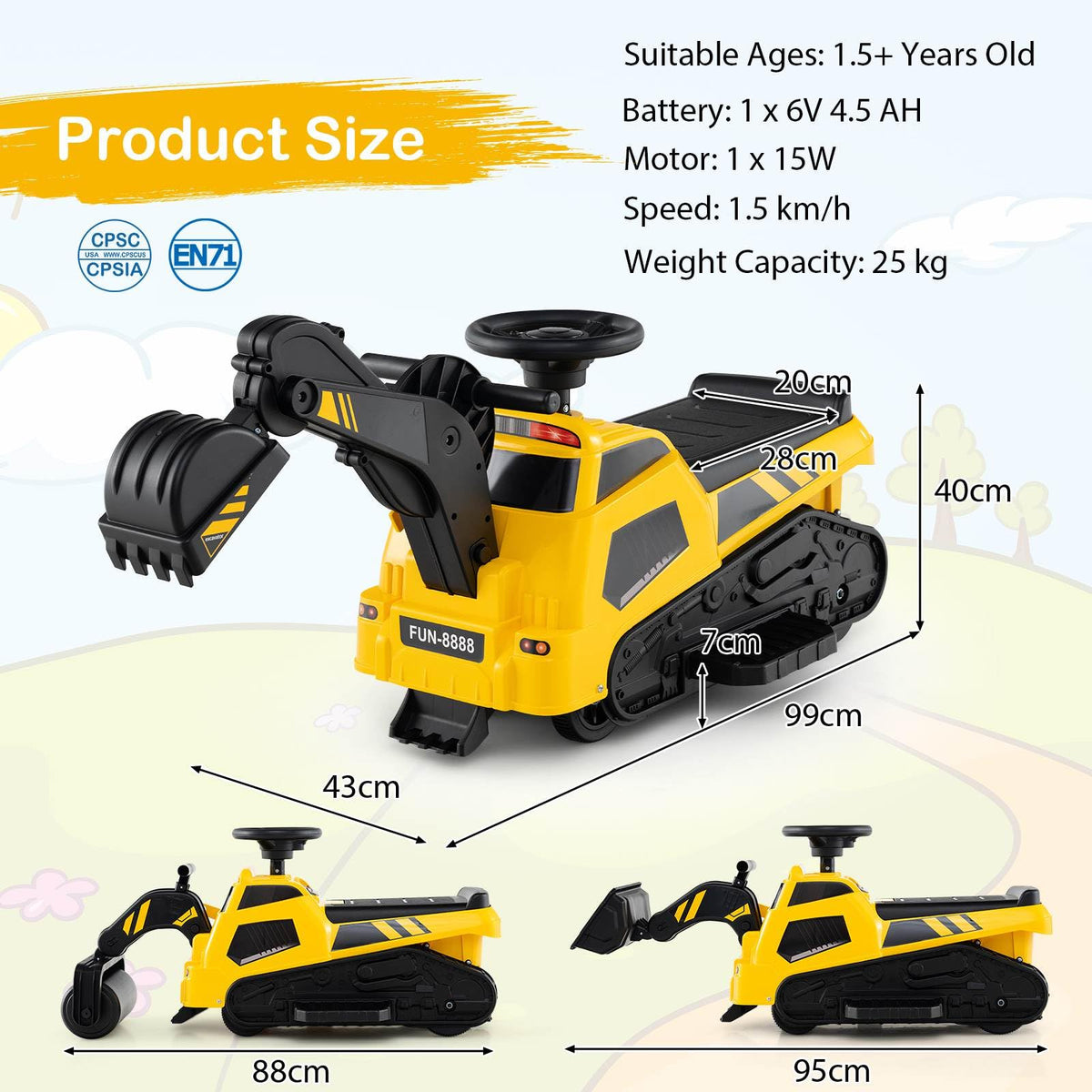 3-in-1 Kid Ride on Tractor w/Adjustable Arms, Electric Excavator Bulldozer Toy Road Roller