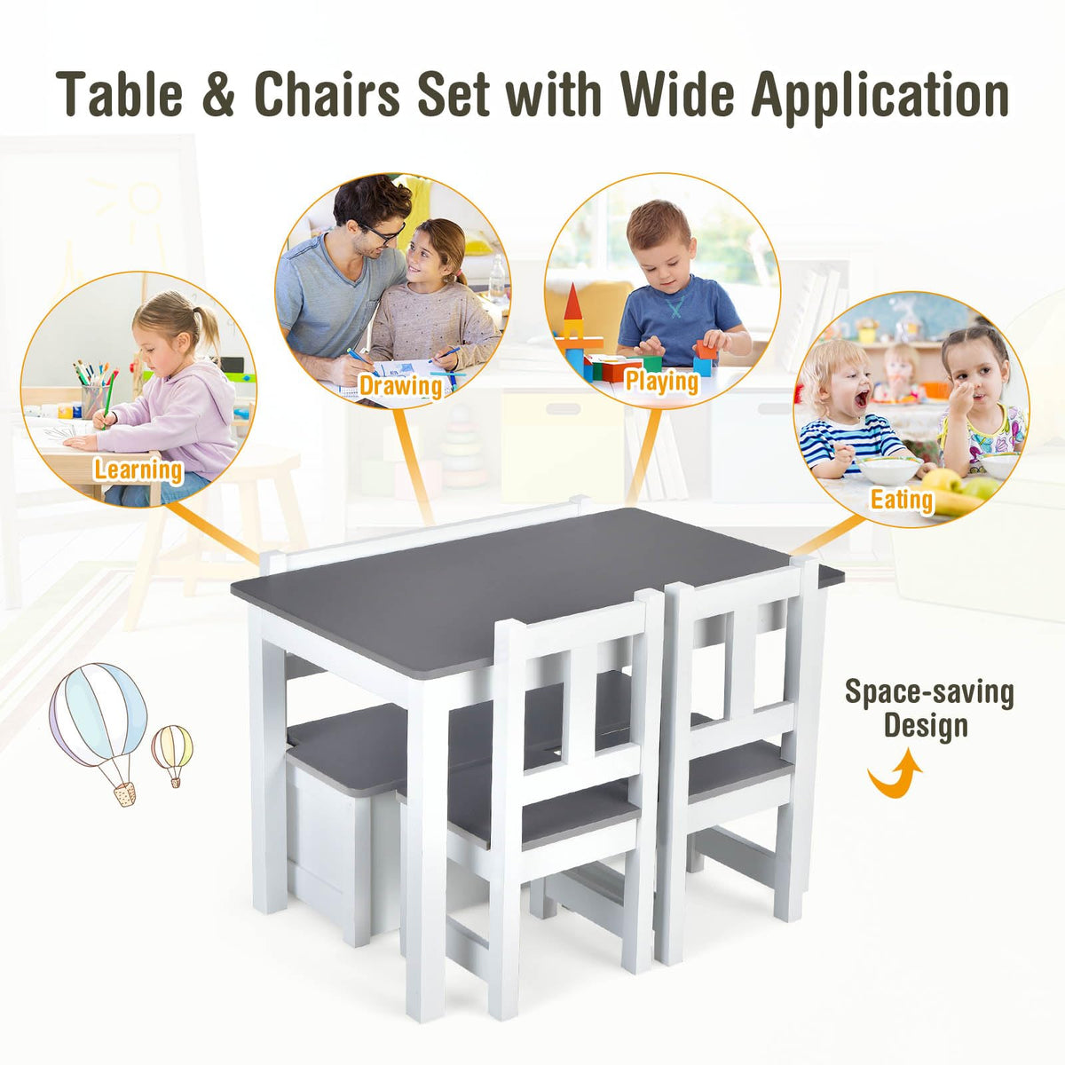 4-Piece Kids Table and Chair Set, Wood Activity Table with Toy Storage Bench