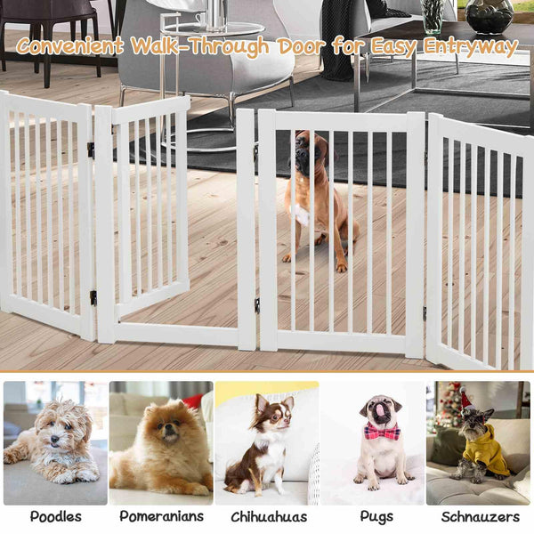 Freestanding Pet Gate, 4 Panel Wooden Folding Dog Fence w/Walk Through Door